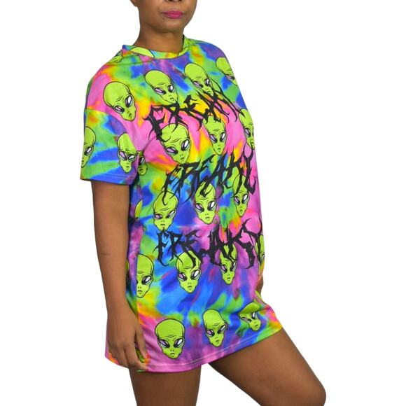 ASOS Freaky Alien Dress Green Tie Dye Oversized Shirt Graphic Mini Neon Size 2 - Picture 3 of 16